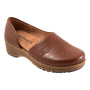 Shoe, brown leather, Softwalk Addie slip-on with floral embossing, arch support, wedge heel, cork-textured sole, front view.