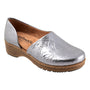 Slip-on shoe by Softwalk, silver floral upper, cork and chunky rubber sole with slight heel, branded insole.