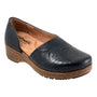 Shoe, black floral embossed leather, Softwalk Addie, brown chunky sole, cushioned tan insole for support.