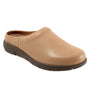 Mule clog, tan leather, Softwalk Andria with cushioned footbed, rounded toe, dark rubber sole on white background.