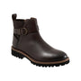Boot, dark brown leather, Softwalk Ina with arch support, buckle, elastic panel and black lug sole on white background.