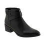 Boot, black leather, Lira by Softwalk with low block heel, round toe, wraparound strap with button detail.