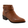 Boot, brown leather, Softwalk Lira; low block heel, wrap strap with side button. Comfort insole visible. White background.