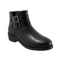 Boot, black leather, Softwalk Rochester with side buckles, low block heel and round toe on white background.