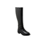 Boot, black leather, Softwalk Rosetta; low heel, studded ankle strap, cushioned footbed on white background.