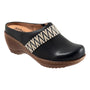 Clog, Softwalk Marion: black leather, brown wedge, beige woven band, cushioned footbed for comfort, on white background.