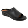 Sandal, black synthetic, Softwalk Turner with open toe, low heel, cushioned insole, slip-resistant sole, angled view.