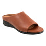 Sandal, brown leather upper, black sole, Softwalk Turner with visible memory foam footbed for comfort.