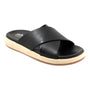 Sandal, black leather, Softwalk Jesi 2.0 with criss-cross straps, thick beige sole, cushioned footbed for comfort.