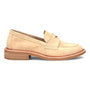 Loafer in tan suede by Sofft with moccasin stitching, low heel, left side view. Comfort insole visible.