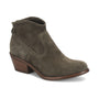 Bootie, taupe suede, low stacked wooden heel, rounded toe; Sofft Aisley. Comfort foam insole visible. Shown at an angle.