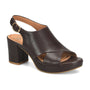 Sandal, brown leather, Sofft Liv with block heel, slingback, open toe, gold buckle; cushioned footbed visible.