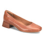 Pump, brown leather, Sofft Lillian, low stacked heel, rounded toe, cushioned footbed for comfort.