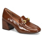 Loafer, brown patent, Sofft Casandra for women with block heel and gold buckle; cushioned insole for comfort.
