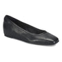 Ballet flat, black leather, Sofft Poppy with squared toe, low wedge heel, and visible arch support on white background.