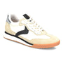 Shoe: Sofft Kat sneaker in beige, white, and black Italian suede with gum sole and silver heel accent; shown on white.