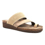 Sandal, beige, Naot Sia with cork-latex footbed, two wide straps, toe loop and slight wedge heel for support.