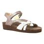 Sandal, metallic straps, open toe, cork-latex footbed, APMA wedge sole for support. Naot Sophia.