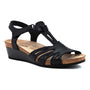 Sandal, black leather; Naot Starlet with low wedge, cork-latex footbed, arch support, and open toe.