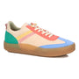 Sneaker, beige knit, water/stain-resistant, gum sole; green/pink/blue accents. Ros Hommerson’s Stella comfort footwear.