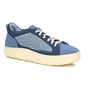 Shoe by Ros Hommerson, light blue and navy knit, stain and water resistant, arch support, white laces and sole.