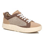 Athletic shoe by Ros Hommerson, beige/brown mesh with white laces, removable insoles, thick off-white sole.