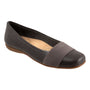 Flat shoe, Trotters Samantha, gray leather, wide elastic strap, arch support, light brown sole, side view.