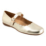 Flat shoe, gold leather, Trotters Sugar Mary Jane with arch support, scalloped edge, strap, buckle and brown sole.
