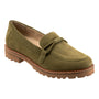 Loafer, olive suede, Trotters Fiora, bow detail, thick brown sole, removable footbed for comfort support, white background.