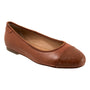 Flat shoe, brown leather, Trotters Clara with rounded textured cap toe and cushioned footbed, on white background.