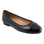 Flat shoe, black leather cap-toe, shiny toe, tan lining, low heel. The Trotters Clara shown on white.