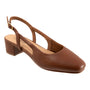 Slingback sandal, brown leather, Trotters Dottie; block heel, cushioned footbed, gold buckle; front view on white.