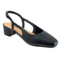 Slingback, black leather, Trotters Dottie with cushioned footbed, low block heel, square toe, and adjustable strap.