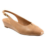 Shoe, Trotters Dea Wedge, beige leather, low heel, closed toe, gold buckle slingback, cushioned insole, white background.