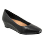 Shoe, black leather, Trotters Denisse with low wedge heel, arch support, round toe and tan perforated insole.