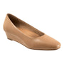 Slip-on shoe, tan leather, Trotters Denisse, low wedge heel, round toe, visible arch support for comfort.