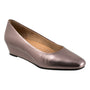 Slip-on shoe, Trotters Denisse, metallic bronze with wedge heel, round toe, tan lining, arch support.