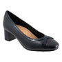 Pump, black leather, Trotters Devin with bow, block heel, cushioned footbed and arch support for comfort.