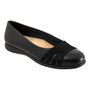 Flat shoe, black leather upper, pleated front, cushioned tan insole, rounded toe; Trotters Drew women’s style.