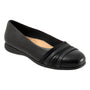 Flat shoe, black leather, Trotters Drew, rounded toe, low heel, removable cushioned footbed for arch support.