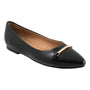 Flat shoe, black leather, pointed toe, cushioned footbed, gold hardware. Trotters Everly on white background.