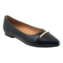 Flat shoe, black leather, pointed toe, gold bar detail, cushioned footbed. The Trotters Everly.