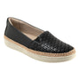 Slip-on shoe, black perforated upper, jute midsole, cushioned footbed. Trotters Accent Perf on white background.