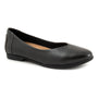 Shoe, black leather, Trotters Iris flat with rounded toe, subtle heel stitching detail. Comfort features not visible.