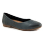 Flat shoe, Trotters Iris, dark blue leather, cushioned insole, rounded toe, brown sole, visible back heel stitching.