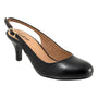 Slingback shoe, black leather with gold buckle, pointed toe, tan interior. Trotters Lexi. Visible heel and cushioned insole.