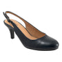 Pump, black leather, Trotters Lexi with pointed toe, adjustable sling strap, cushioned leather footbed.