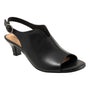 Sandal, black leather, Trotters Norma; open toe, side cutout, adjustable strap, low kitten heel.