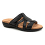 Sandal, black synthetic with adjustable straps, tan cushioned insole, low wedge heel. Trotters Ramona, side view.