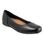 Flat shoe, black leather, Trotters Sunny with scalloped edge, round toe, and cushioned insole on white background.